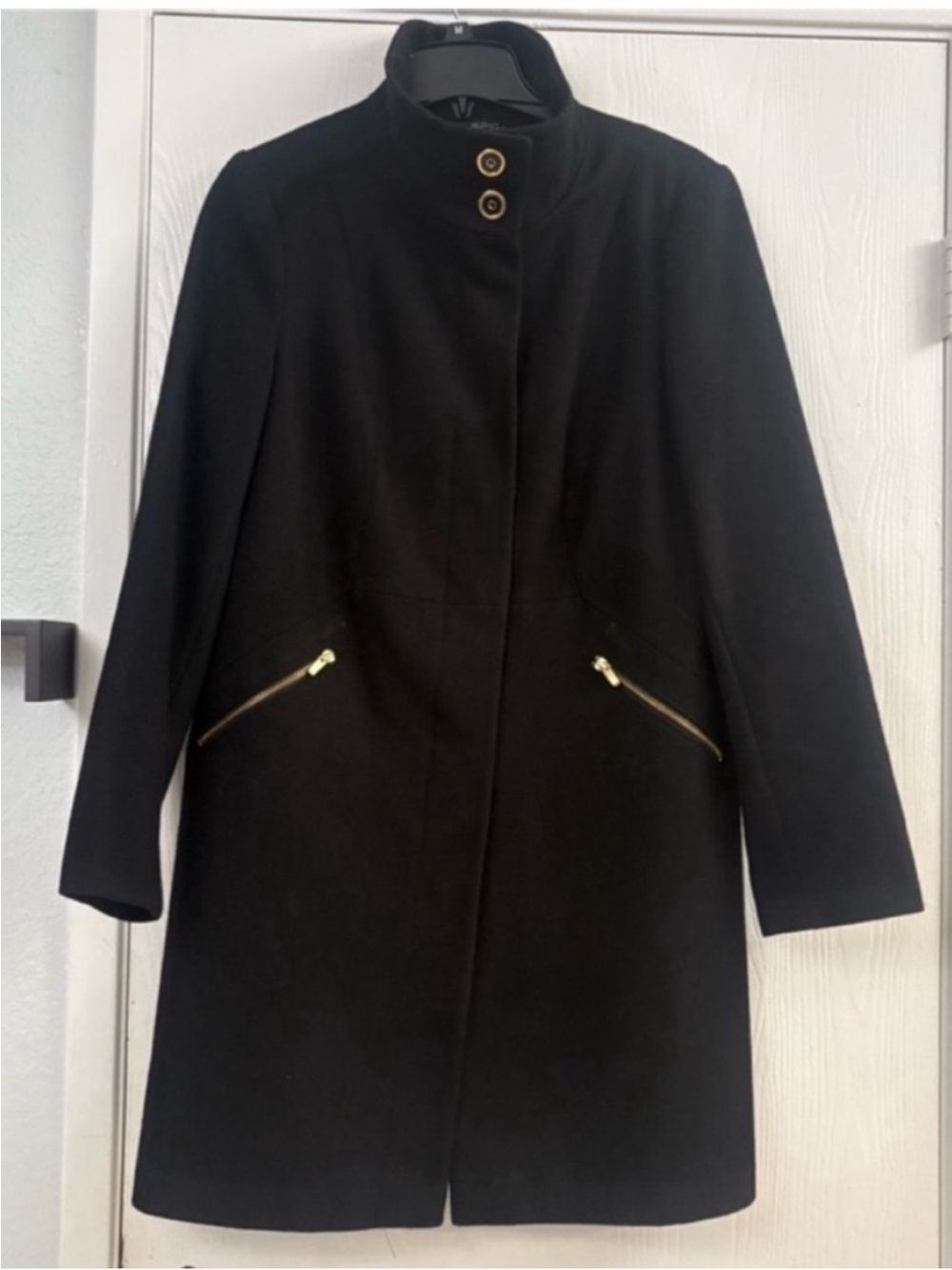 Via Spiga Classic Black Women's Wool-Blend Long Coat with Gold Zip Pockets Sz L